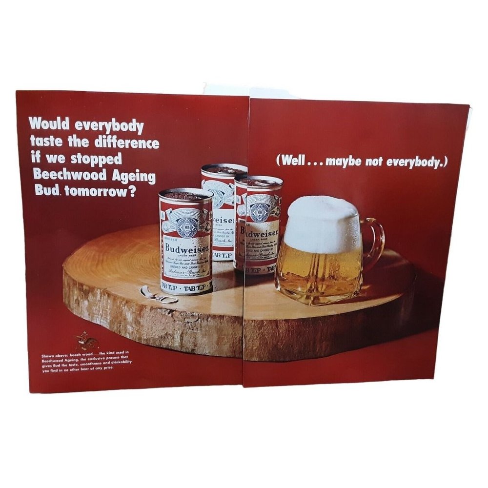 1969 Budweiser Beechwood Pop Top Cans 2 Page Ad vintage Original ad